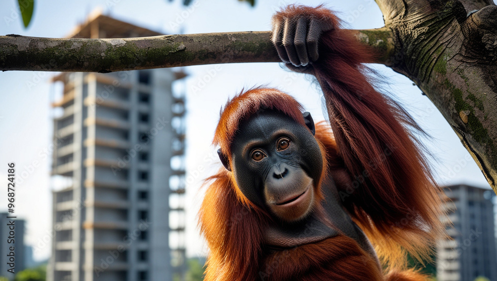 Obraz premium Borneo Orangutan Portrait on Tree with New Capital Construction Background