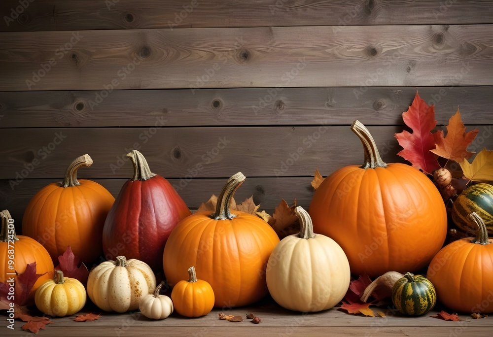 Assortment of pumpkins, gourds, and autumn leaves on a rustic wooden background. Assortment of pumpkins, gourds, and autumn leaves on a rustic wooden background.