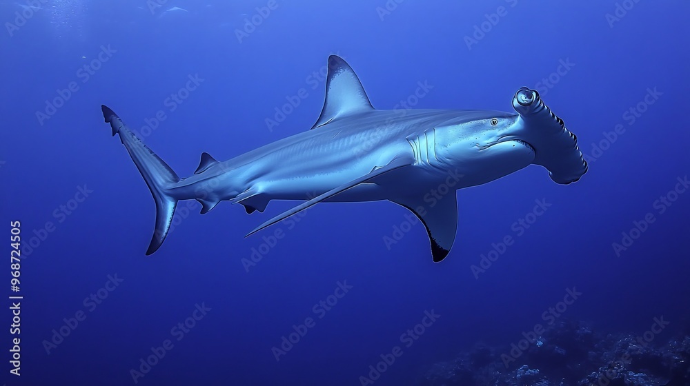 Fototapeta premium A hammerhead shark swims in the deep blue ocean, its head shaped like a hammer.