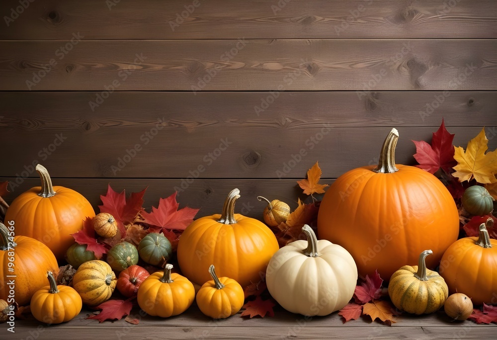 Assortment of pumpkins, gourds, and autumn leaves on a rustic wooden background. Assortment of pumpkins, gourds, and autumn leaves on a rustic wooden background.