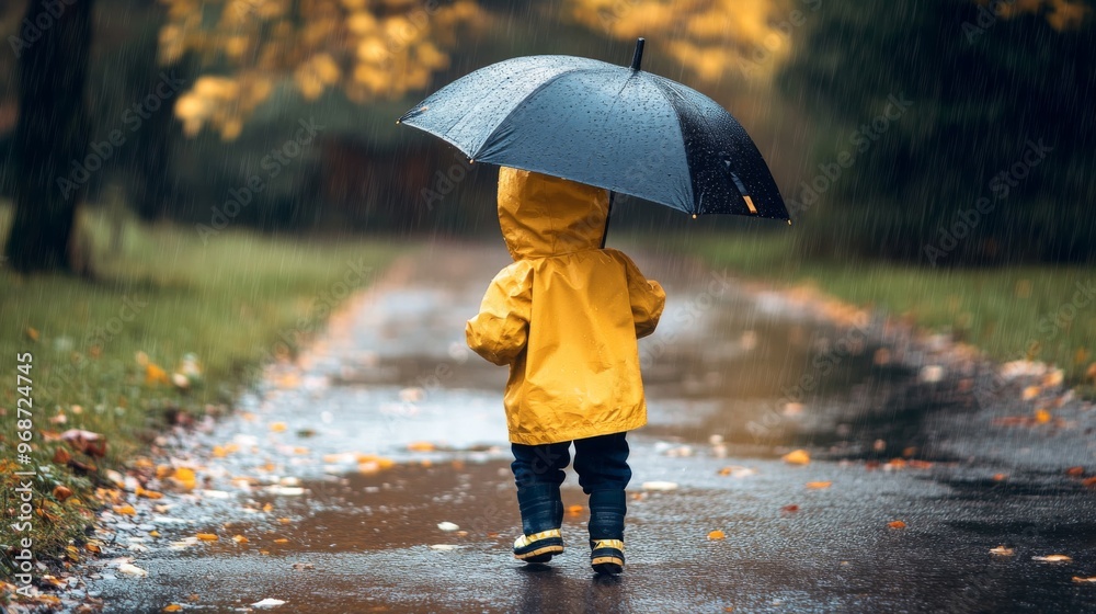 Obraz premium A child in a yellow raincoat walks along a wet path in the autumn rain, holding an umbrella over their head.