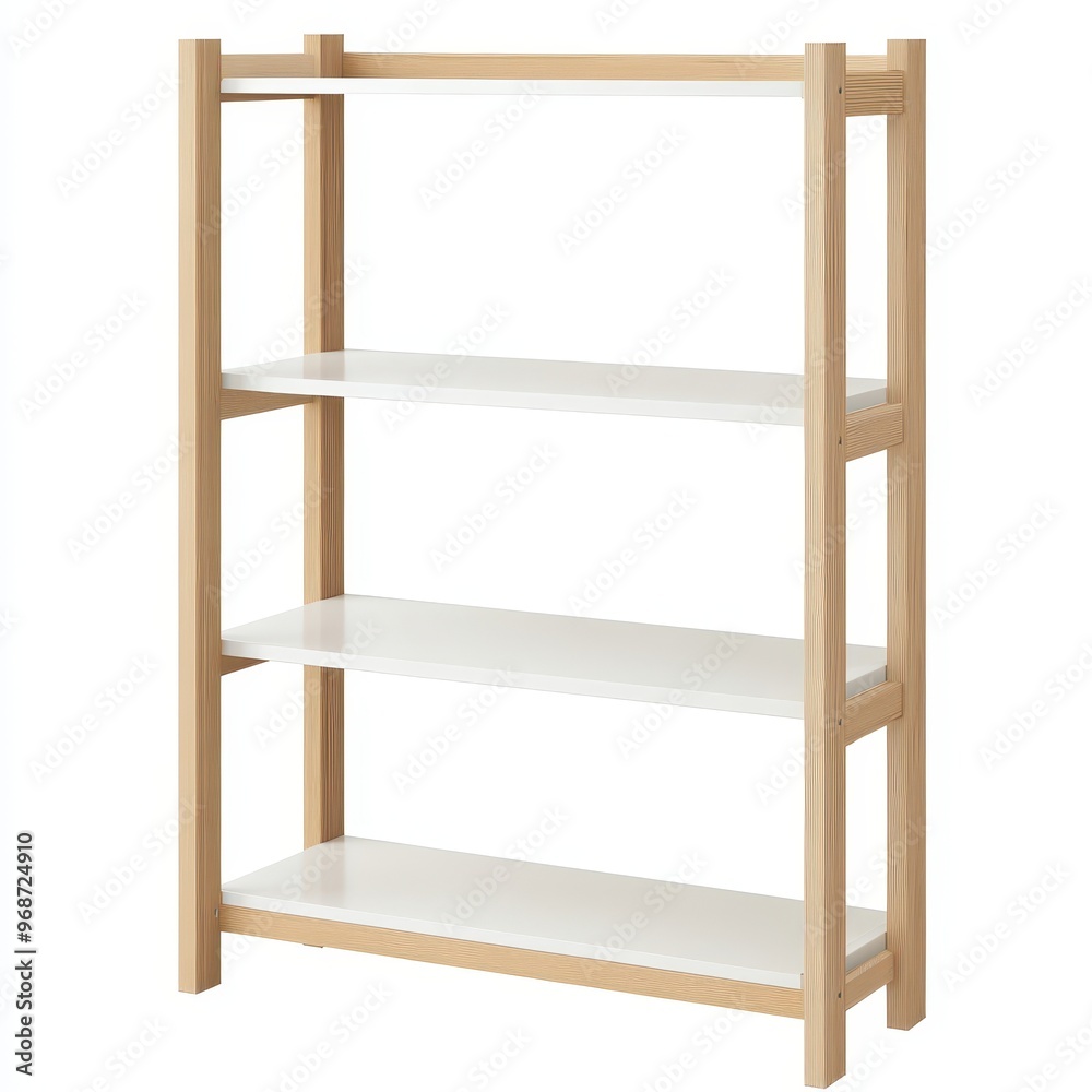 A simple wooden shelving unit with white shelves, ideal for storage and organization. A simple wooden shelving unit with white shelves, ideal for storage and organization.