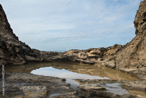 sea ​​water accumulated between rocks. Sea wave between rocks. Carved rocks by the sea. sea water trapped between rocks.
 Cyprus.