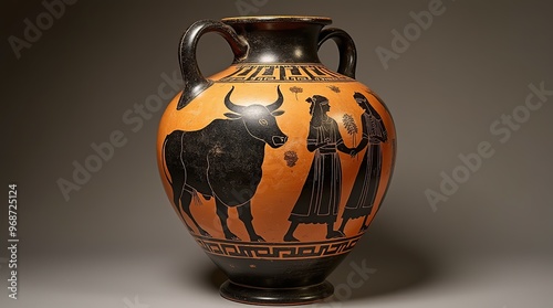 Ancient Greek amphora with bull and figures in black-figure style photo