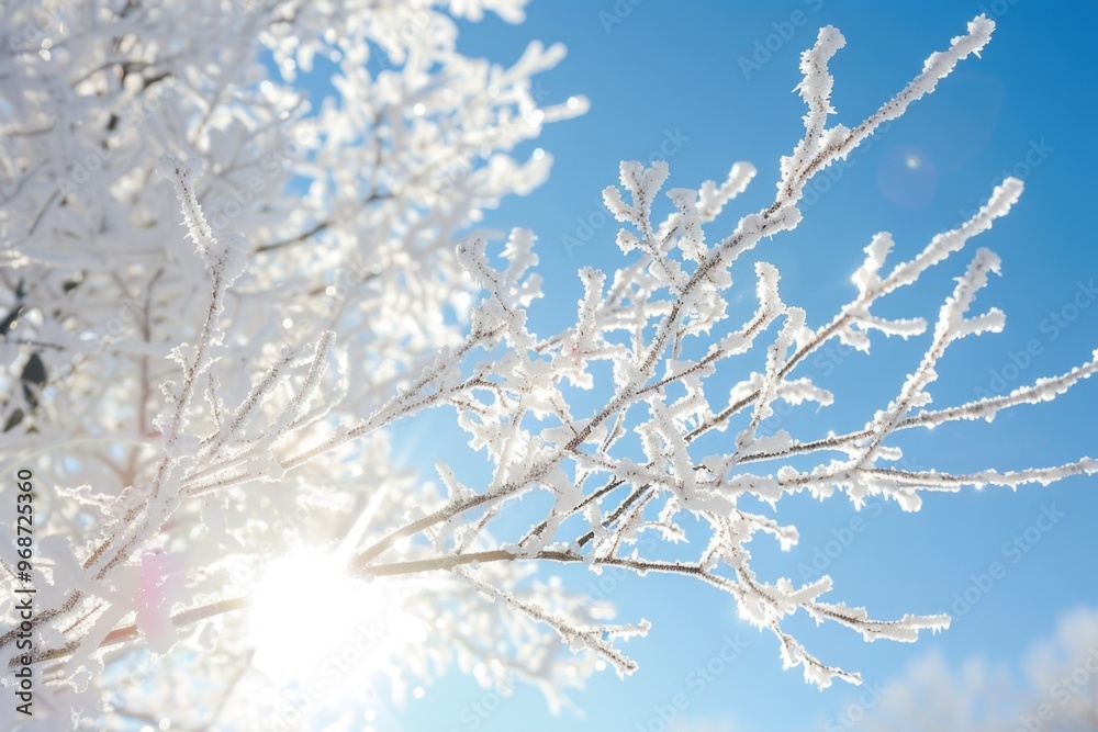 A branch covered in snow and the sun shining on it A branch covered in snow and the sun shining on it