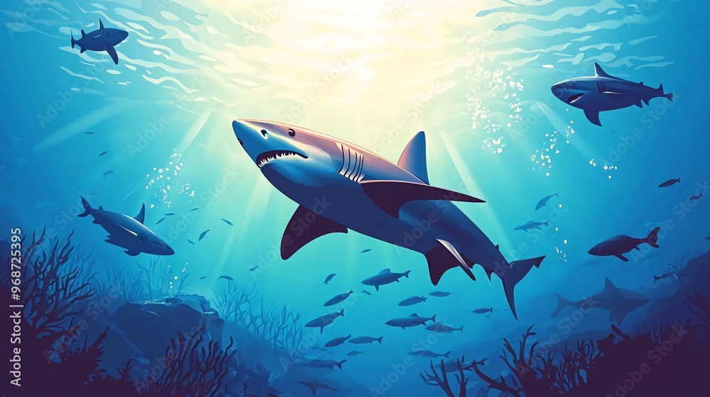 Obraz premium A school of sharks swim through a coral reef with sunbeams shining down on them.