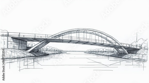 Civil engineering blueprint of modern bridge over water