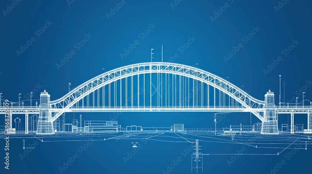 Fototapeta premium Wireframe blueprint of modern bridge on blue background