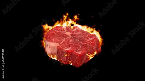 Burning Raw Meat. Fire Effect Animation on Transparent Background Isolated 4K Video. Visual Effects and Motion Graphics Element.