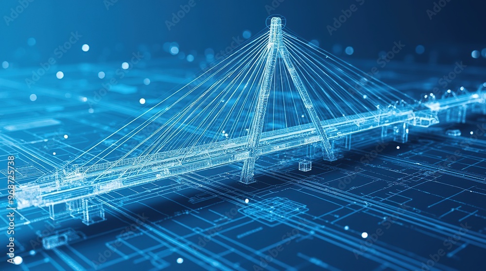 Fototapeta premium Modern bridge wireframe conceptual blueprint on blue background