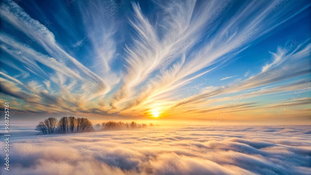 Softly glowing wisps of cirrus cloud drift lazily across a vast, serene white hue background, a gentle misty dawn sky devoid of any defining features Softly glowing wisps of cirrus cloud drift lazily across a vast, serene white hue background, a gentle misty dawn sky devoid of any defining features