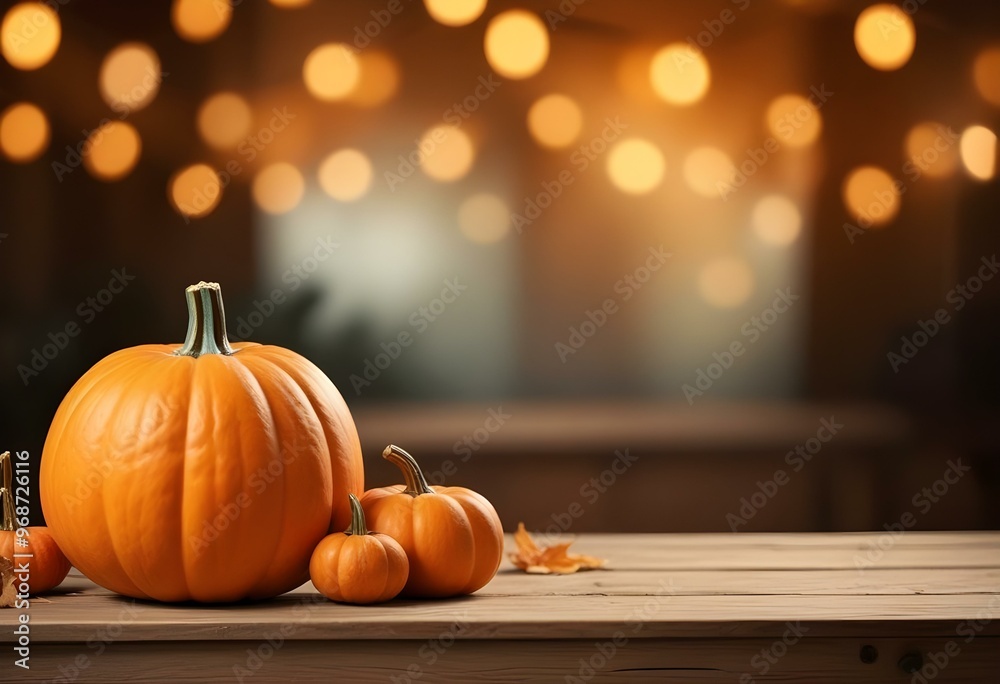 An orange pumpkin and smaller pumpkins on a wooden table with a blurred background of warm, glowing lights.