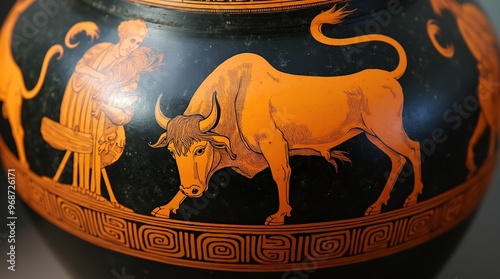 Ancient Greek vase depicting mythological bull scene in close-up view photo