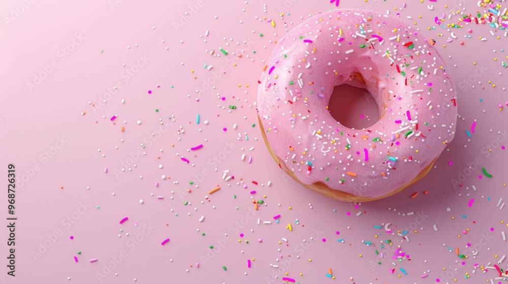 A pink donut with sprinkles on top. The sprinkles are scattered all over the donut and the background