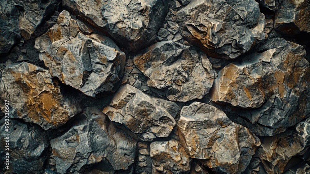 A wall made of large rocks with a brownish hue. The rocks are rough and jagged, giving the wall a rugged appearance. The wall seems to be made of a variety of different sized rocks A wall made of large rocks with a brownish hue. The rocks are rough and jagged, giving the wall a rugged appearance. The wall seems to be made of a variety of different sized rocks
