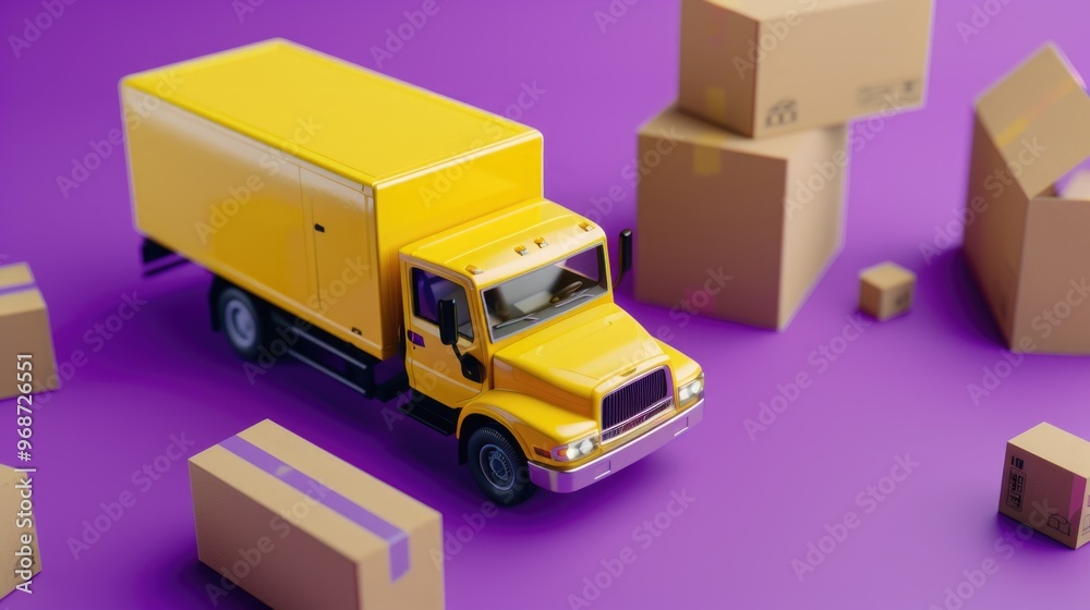 A yellow truck is parked in front of a stack of cardboard boxes. The truck is yellow and has a large window. The boxes are stacked on top of each other, and there are several of them in the background A yellow truck is parked in front of a stack of cardboard boxes. The truck is yellow and has a large window. The boxes are stacked on top of each other, and there are several of them in the background