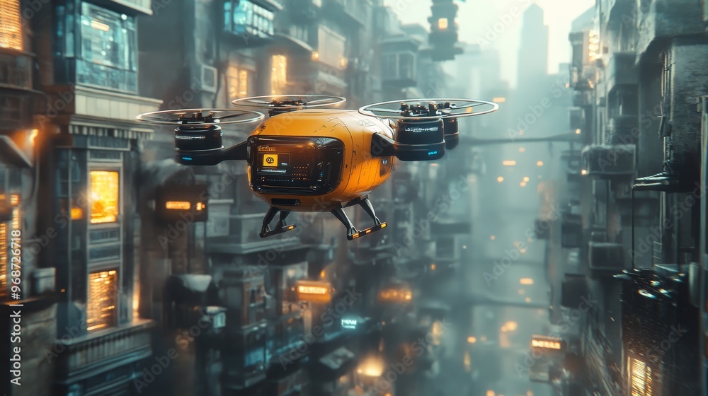 AI-powered delivery drones autonomously transporting packages across a futuristic city: Drones delivering packages directly to users' doorsteps. AI-powered delivery drones autonomously transporting packages across a futuristic city: Drones delivering packages directly to users' doorsteps.
