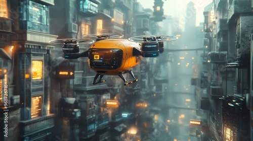 AI-powered delivery drones autonomously transporting packages across a futuristic city: Drones delivering packages directly to users' doorsteps.