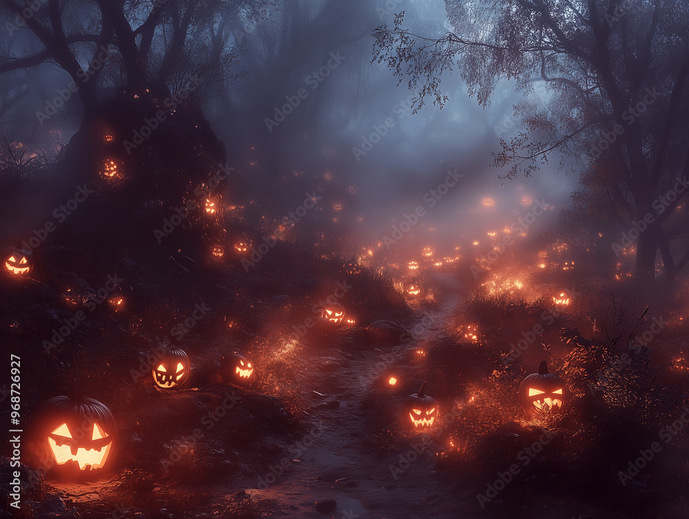 Jack o lantern in the forest. Mysterious forest with fog and glowing jack-o'-lanterns Jack o lantern in the forest. Mysterious forest with fog and glowing jack-o'-lanterns