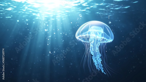 A translucent jellyfish floats in the ocean with sun rays shining through the water above.