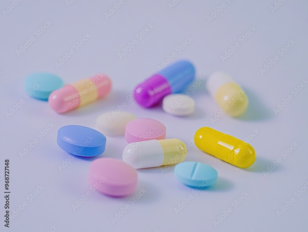 A bunch of colorful pills are scattered on a white surface. The pills are of different colors and sizes, and they appear to be in various stages of being taken. Concept of organization and variety A bunch of colorful pills are scattered on a white surface. The pills are of different colors and sizes, and they appear to be in various stages of being taken. Concept of organization and variety