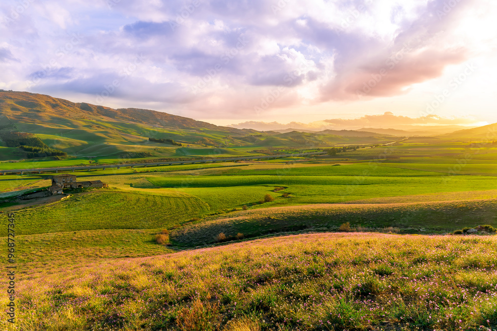 Obraz premium panoramic spring season landscape of beautiful greel field with yellow and salad hills and mountains in countryside