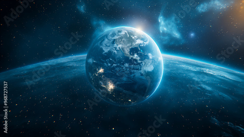 View of Earth from space highlighting vibrant blue atmosphere on dark background. Generative AI
