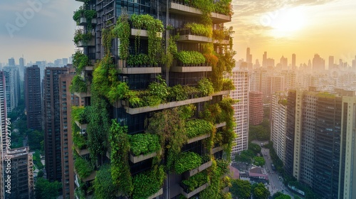 AI-controlled urban farming systems for vertical agriculture: Towering farms in cities, managed by AI systems to maximize space and yield. #968727764