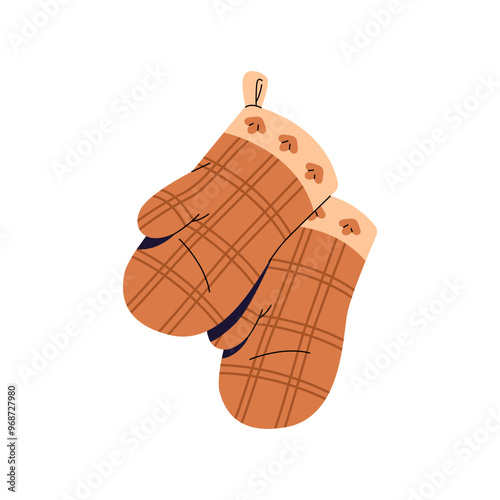 Icon of hanging oven mitts. Checkered mittens for cooking food. Quilted potholder to hold hot objects. Accessory for hand safety at kitchen. Flat isolated vector illustration on white background