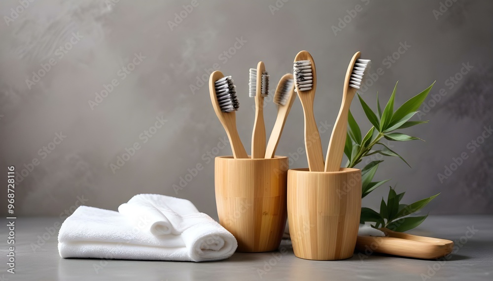 Eco toothbrushes. Bamboo toothbrushes cup, natural soap, plastic free ear sticks, wooden hair brush and white towels on gray stone background Eco toothbrushes. Bamboo toothbrushes cup, natural soap, plastic free ear sticks, wooden hair brush and white towels on gray stone background