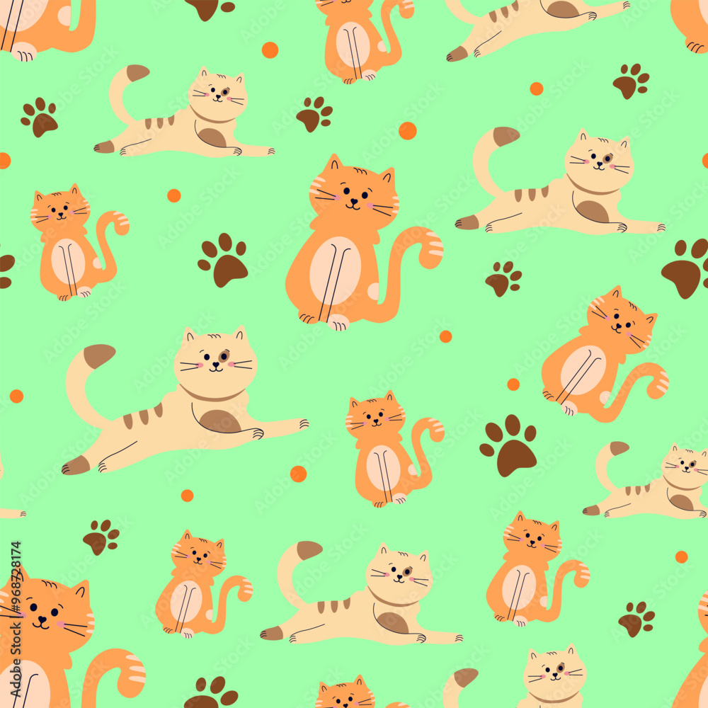 Vector pattern with the image of red and beige cats on a green background Vector pattern with the image of red and beige cats on a green background