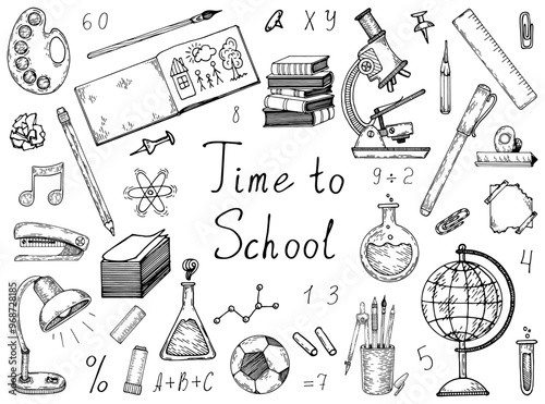Back to school hand drawn doodle clipart. Stationery supplies. Children school elements. Study time. Science study. Books, pens, globe, microscope. Lessons. Vector sketch line art illustration.