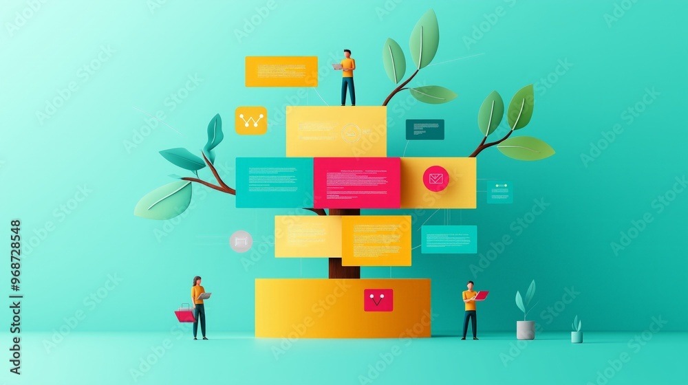 Fototapeta premium Creative illustration of a team working on a colorful tree structure, representing growth, collaboration, and digital communication.