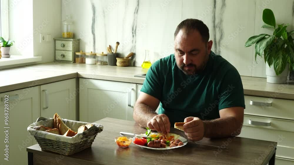 Man eats english breakfast at home Man eats english breakfast at home
