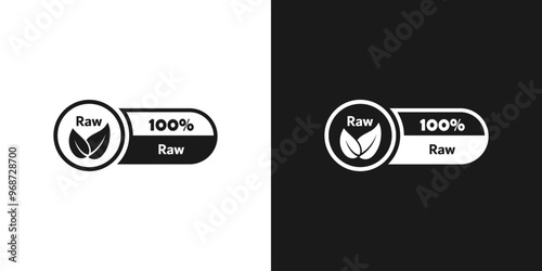 Raw product sticker, emblem or food stamp. Raw food sign. 100% raw product sign. Vector icon. Vegan, no meat, fresh and non-violent food