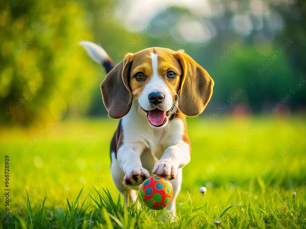 A playful beagle puppy with floppy ears and a wagging tail runs circles around a brightly colored ball in a lush green meadow A playful beagle puppy with floppy ears and a wagging tail runs circles around a brightly colored ball in a lush green meadow