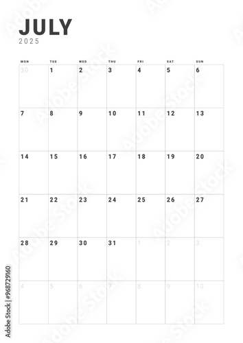 Template design of Monthly Calendar on July 2025. Vector layout grid of calendar with week start Monday. Page for size A4 -21x29.7 cm.