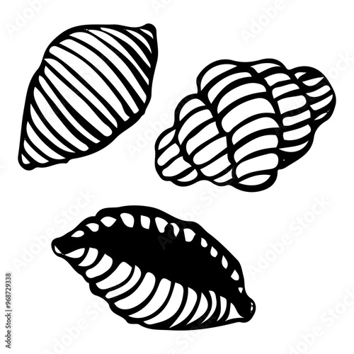 Macaroni shells hand drawn doodle. Pasta set. Conchiglione, gnocchetti sardi. Wheat dough food. Food product. Side dish. Grocery. Vector sketch line art illustration.