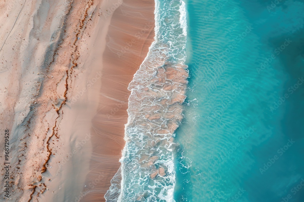 A beautiful blue ocean with a sandy beach. The water is calm and the waves are small. The beach is empty and the sky is clear A beautiful blue ocean with a sandy beach. The water is calm and the waves are small. The beach is empty and the sky is clear