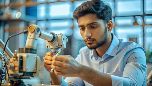 An Indian robotics engineer assembling intricate machine parts, highlighting advanced mechanical and robotic integration. photo