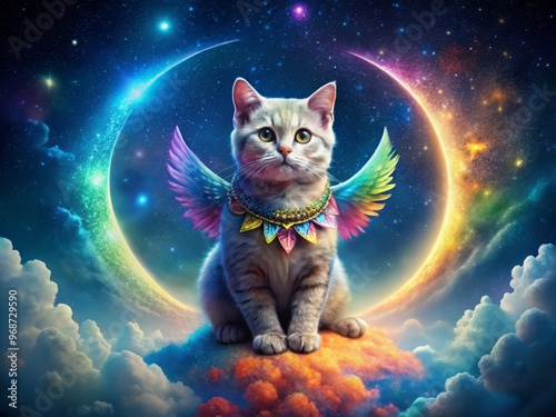 Whimsical cat with shimmering rainbow fur, delicate wings, and a sparkly collar, sitting on a crescent moon-shaped cloud against a starry night sky.