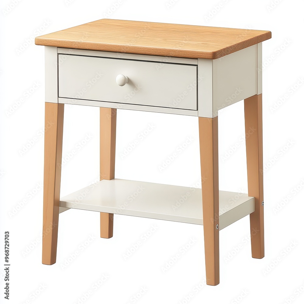 A small, modern nightstand with a drawer and a lower shelf, suitable for bedroom storage. A small, modern nightstand with a drawer and a lower shelf, suitable for bedroom storage.