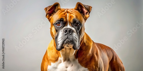 This robust canine boasts a strong, chunky head, a sturdy chest, and a compact physique, paired with pitbull-like muscle and agility, donning a short, dense coat in earthy tones. photo