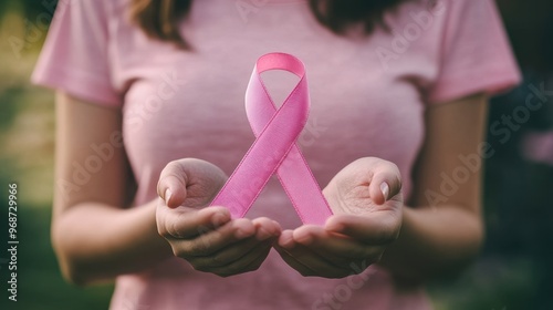 Wallpaper Mural Young woman hand hold pink Ribbon and wear shirt for support people life and illness. National cancer survivors month, Mother and World cancer day concept,Pink October Breast Cancer Awareness month. Torontodigital.ca