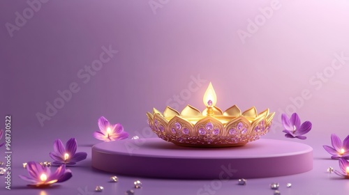 Banner design for diwali festival and purple podium,Diwali light decoration candle with fireworks,Stage,Product display Showcase design sparkle background,Deepavali,Dipavali,3D podium illustration. photo