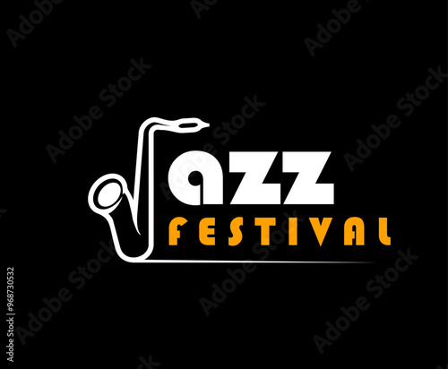 Jazz music icon for a festival. Vector elegant emblem for live sound musical entertainment features saxophone silhouette integrated into the word Jazz, white and yellow typography on black background