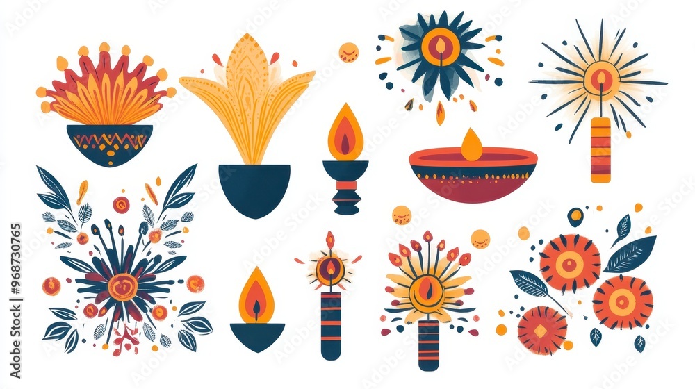 Illustration Set of Happy Festival of lights Deepavali set icons Collection decor elements Festive Burning diya graphic design,Traditional Indian festival Diwali,Happy Diwali Greetings. Illustration Set of Happy Festival of lights Deepavali set icons Collection decor elements Festive Burning diya graphic design,Traditional Indian festival Diwali,Happy Diwali Greetings.