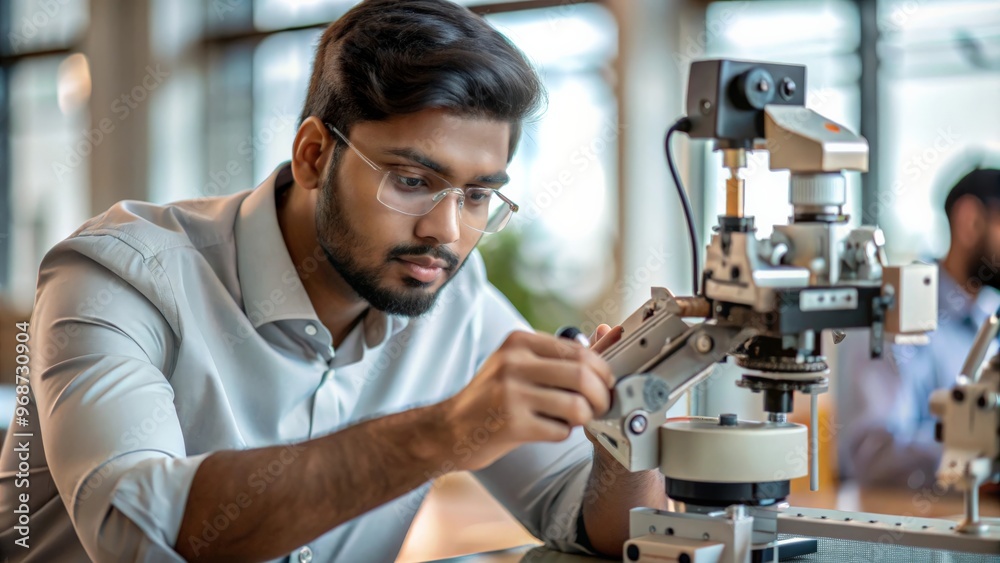 An Indian robotics engineer assembling intricate machine parts, highlighting advanced mechanical and robotic integration. An Indian robotics engineer assembling intricate machine parts, highlighting advanced mechanical and robotic integration.