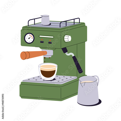 Coffee machine with cup of espresso icon. Modern kitchen utensil for cooking hot drinks in cafe. Coffe maker with mug. Appliance for preparing beverages. Flat isolated vector illustration on white