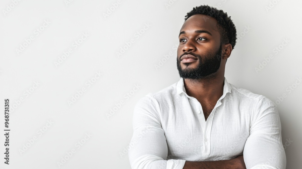 Serene Minimalism - Handsome Black Man Posing with Relaxed Posture in White Shirt against Bright Background Serene Minimalism - Handsome Black Man Posing with Relaxed Posture in White Shirt against Bright Background